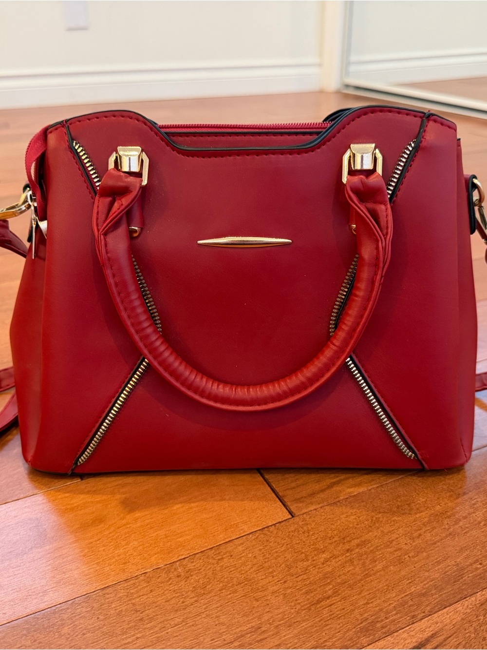Red Structured Satchel Handbag with Gold Accents